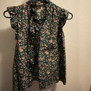 Sezane Navy Garden Ruffle Sleeve Top